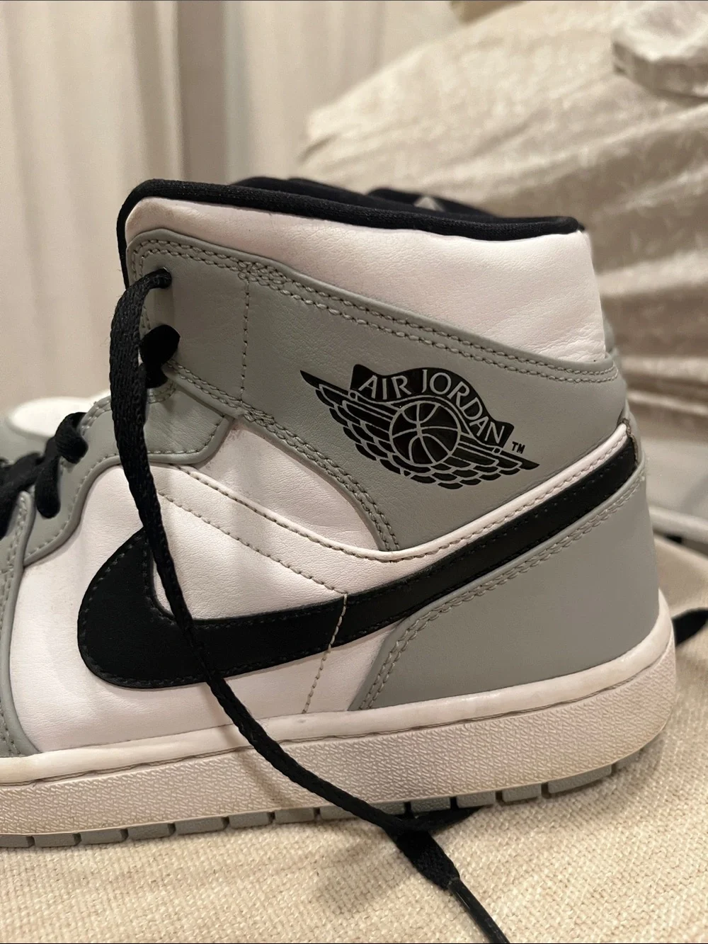 Jordan High-Top Sneakers in White, Gray & Black